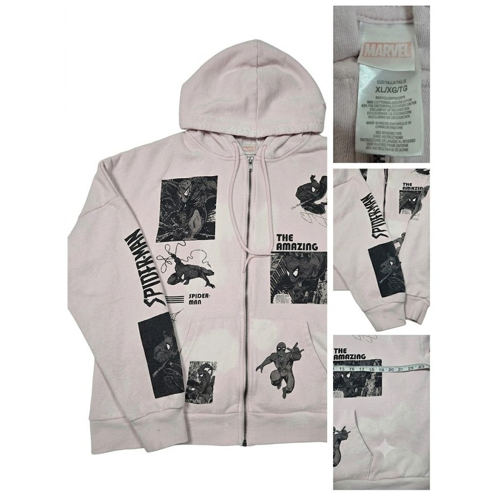 Marvel Spider Man Hoodie Mens XL Pink Graphic Full Zip Comic Sweatshirt Acid